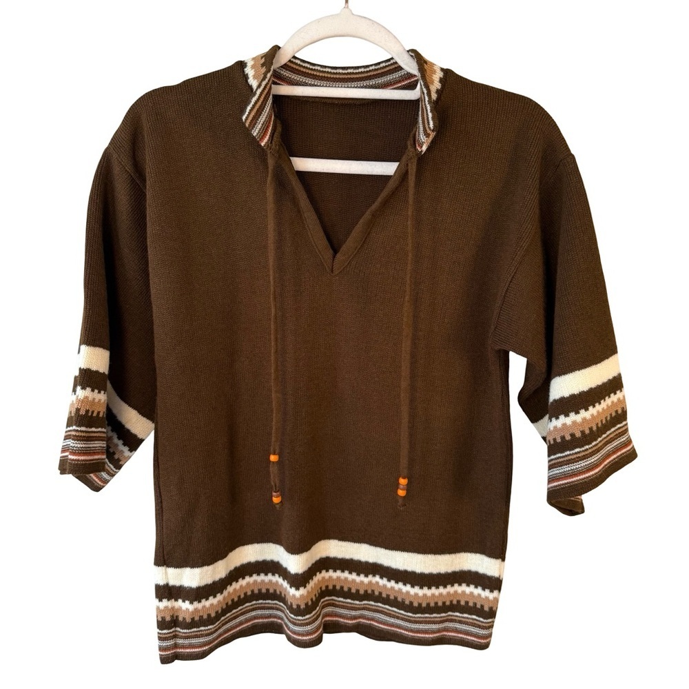 Vintage 70s Boho Brown Striped Sweater Size XS S Retro Unisex Cozy Classic